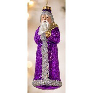 Vtg Purple Glitter Hand Painted Santa Glass Christmas Ornament 9" Figural